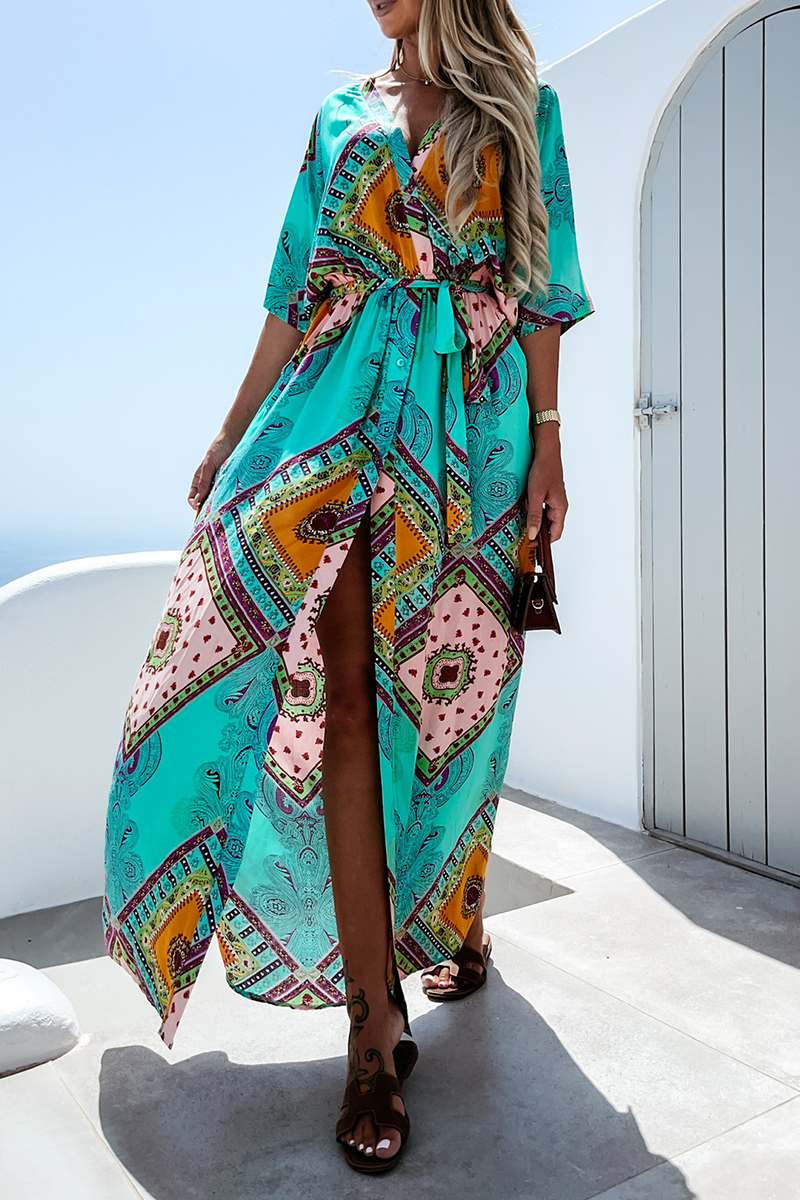 Casual Print Split Joint V Neck Irregular Dress Dresses  Fashionpara