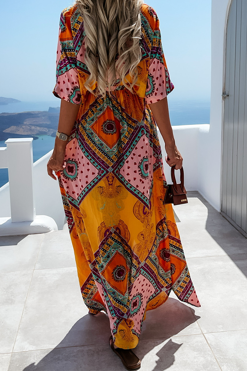 Casual Print Split Joint V Neck Irregular Dress Dresses  Fashionpara