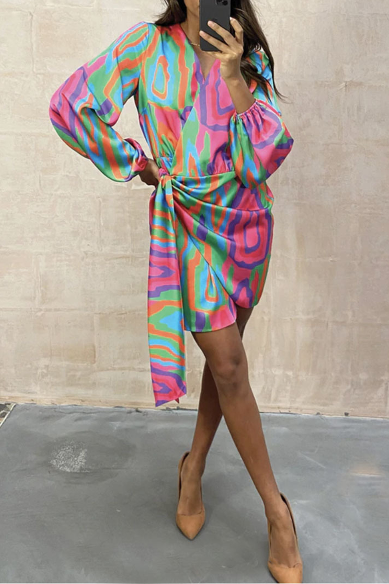 Casual Print Patchwork V Neck Irregular Dress Dresses - Fashionpara