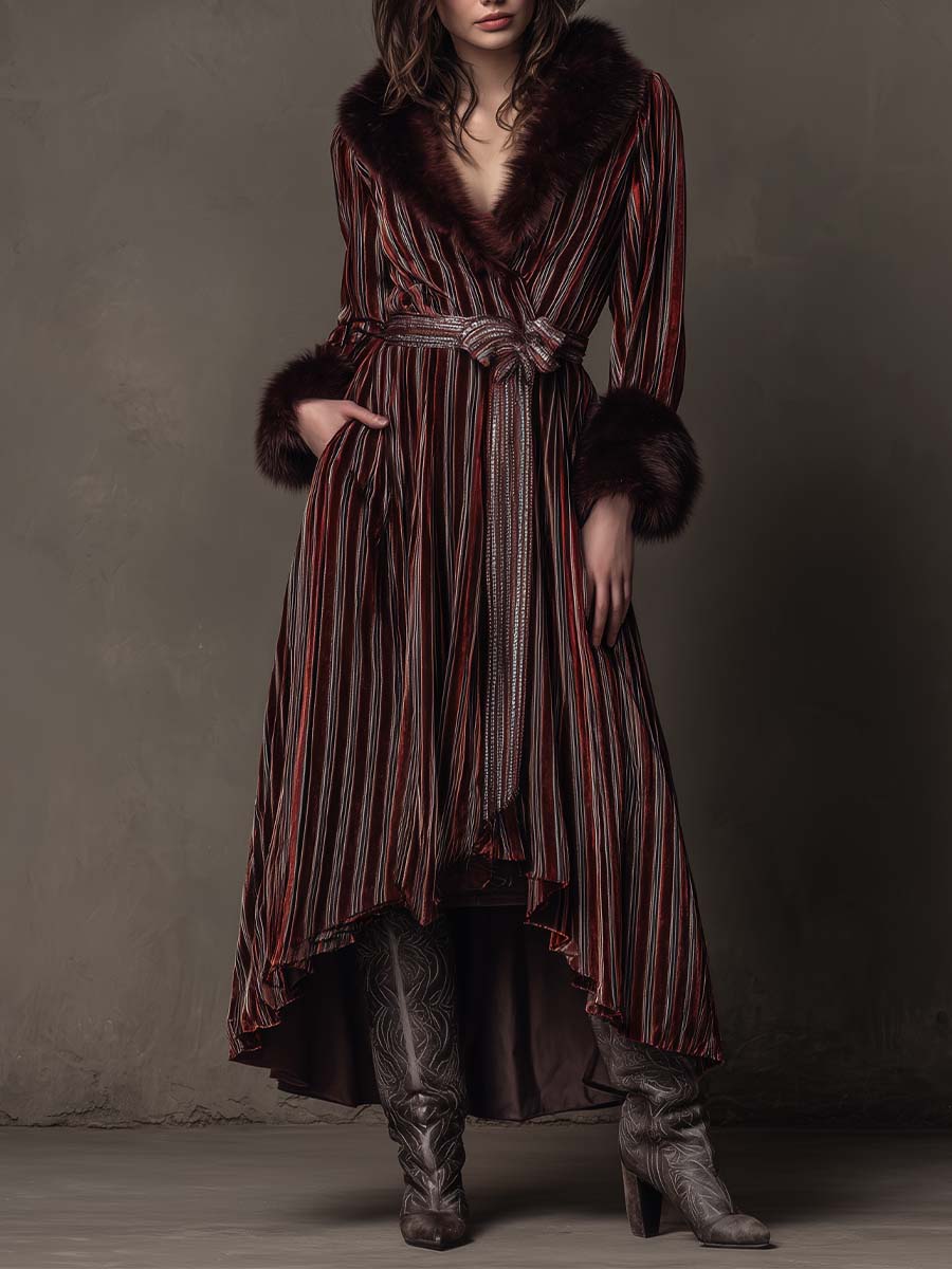 Vintage Striped Velvet Coat With Faux Fur Trim - Fashionpara