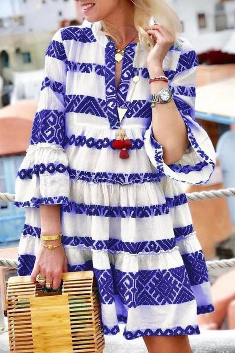 Casual Print Split Joint V Neck Cake Skirt Dresses  Fashionpara