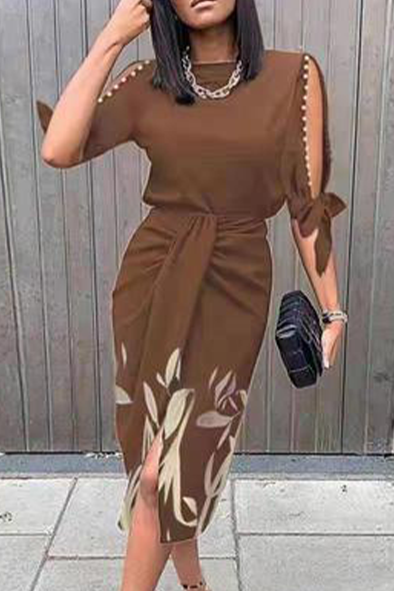 Casual Print Split Joint O Neck Waist Skirt Dresses  Fashionpara