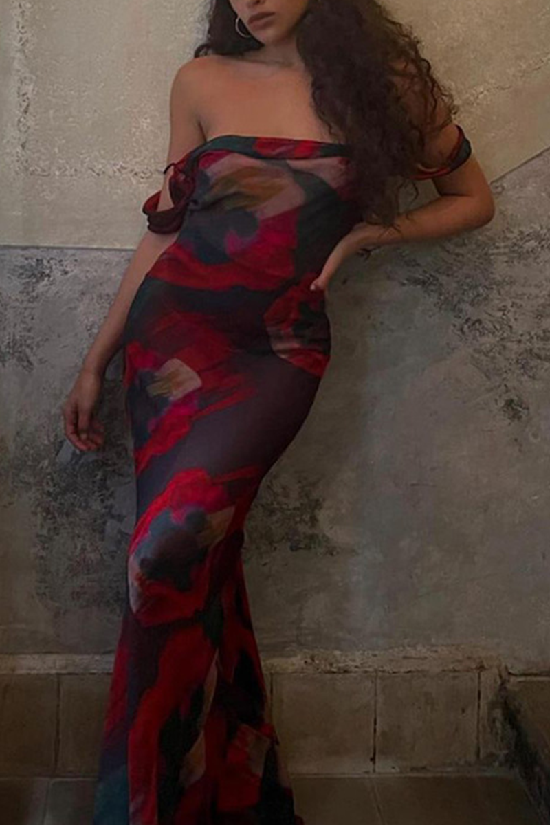 Fashion Print Patchwork Spaghetti Strap Trumpet Mermaid Dresses  Fashionpara