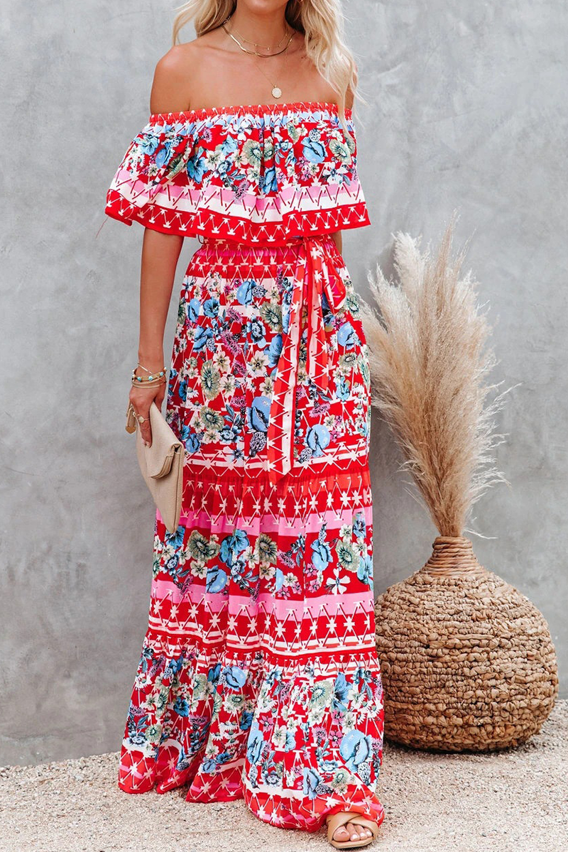 Fashion Street Print Patchwork Off the Shoulder A Line Dresses  Fashionpara