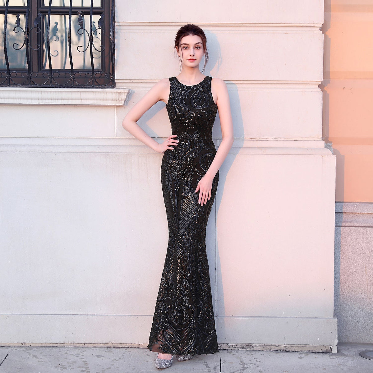 Sequin Round Neck Sleeveless Mermaid Gown - View 2