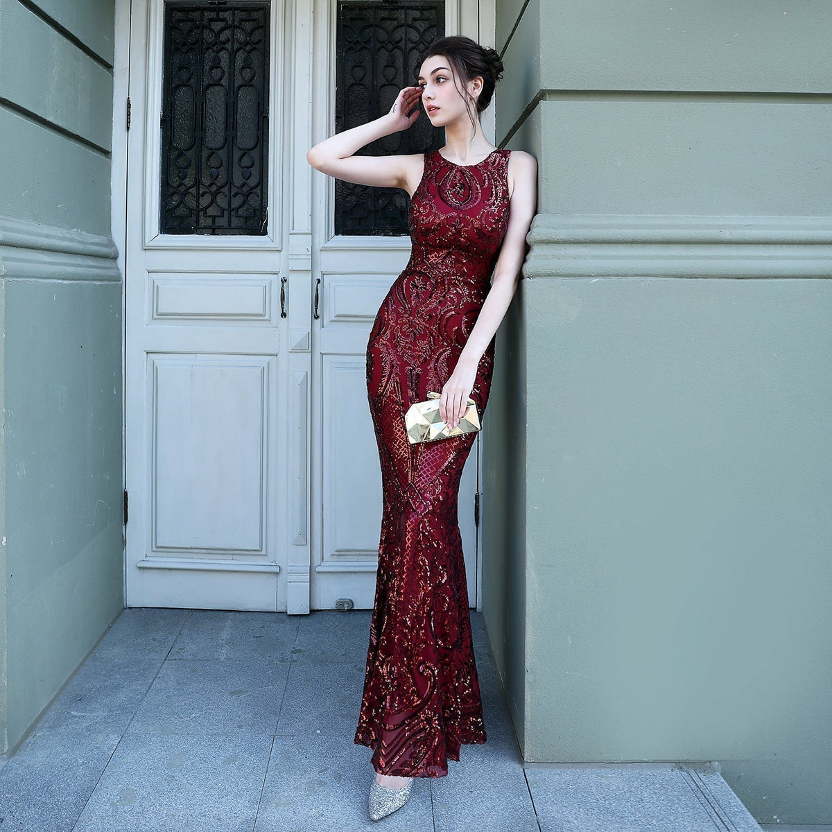 Sequin Round Neck Sleeveless Mermaid Gown - View 8