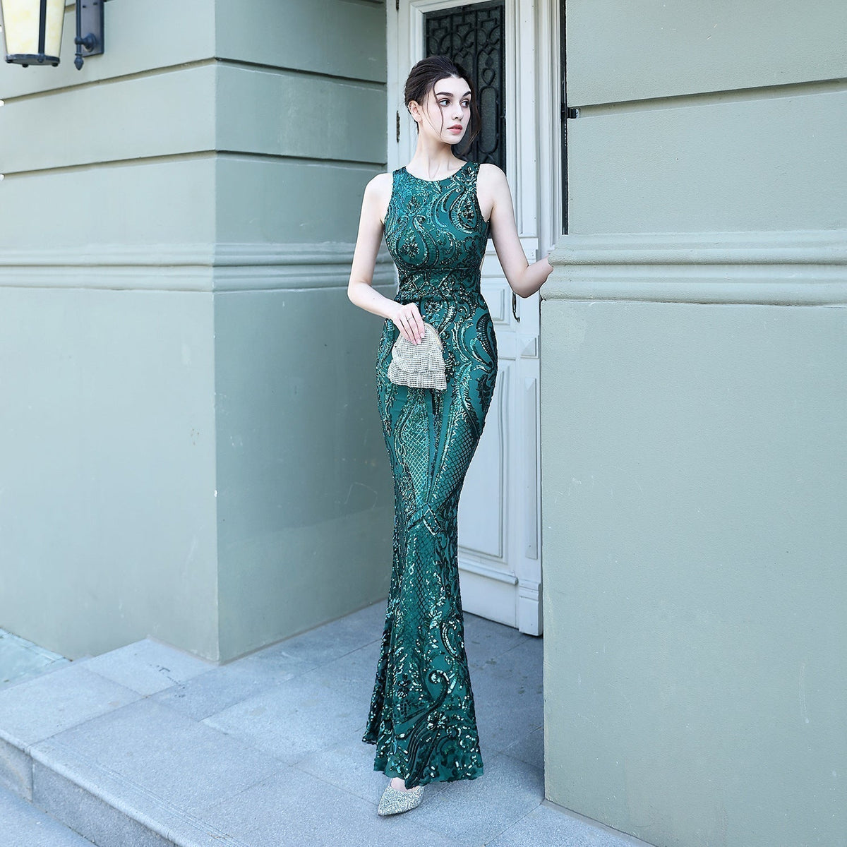 Sequin Round Neck Sleeveless Mermaid Gown - View 5