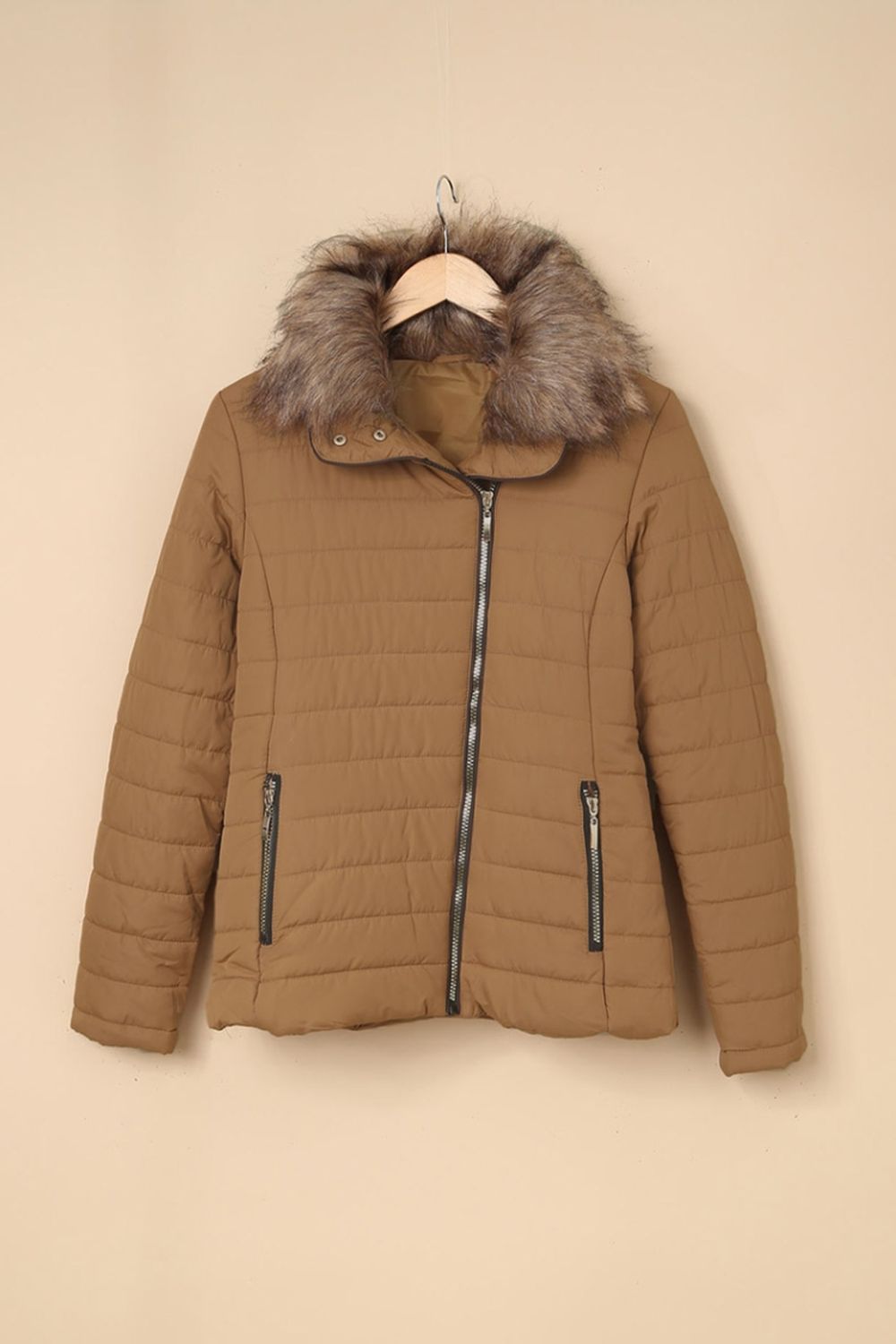 Faux Fur Collar Zipper Two-Pocket Jacket