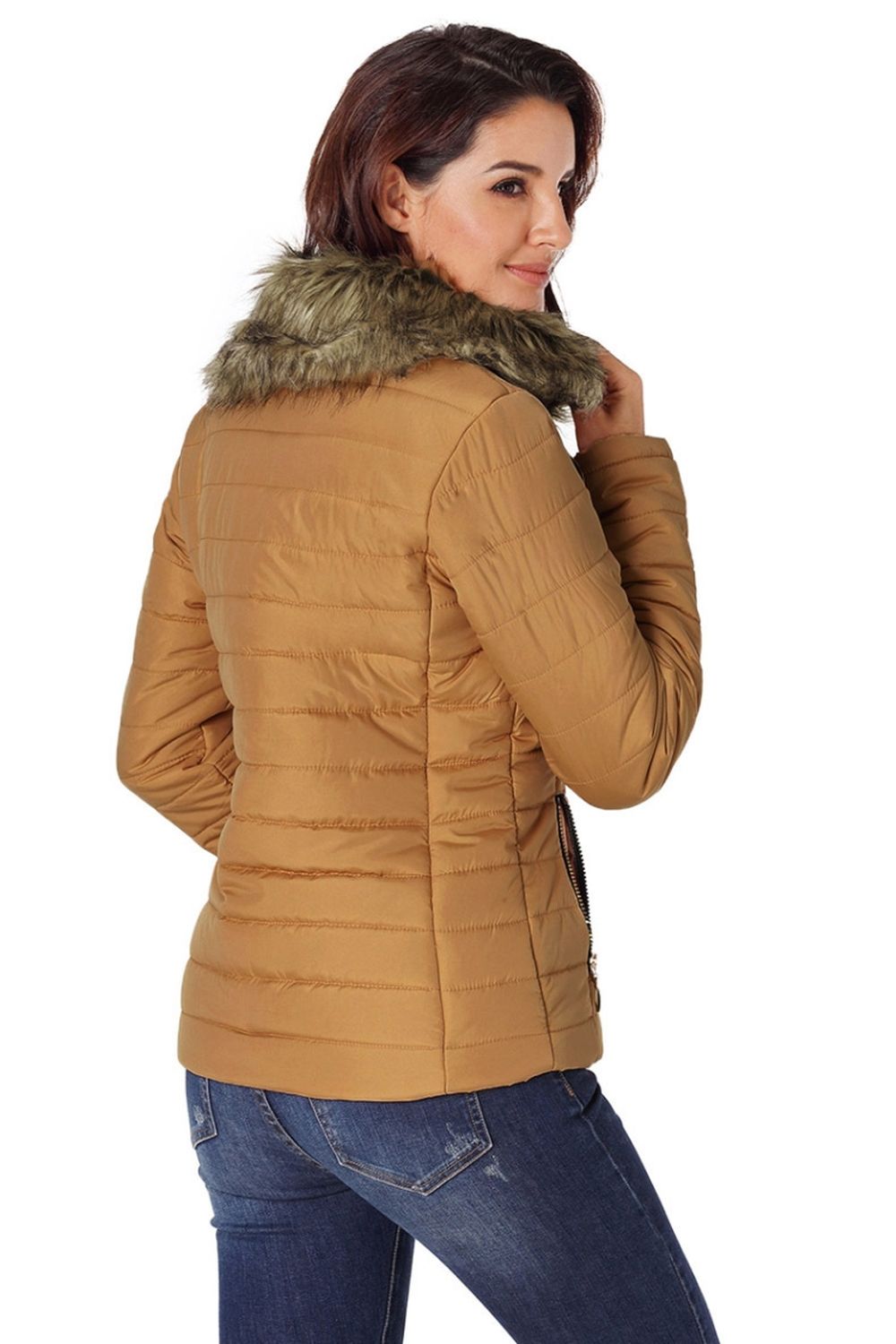 Faux Fur Collar Zipper Two-Pocket Jacket