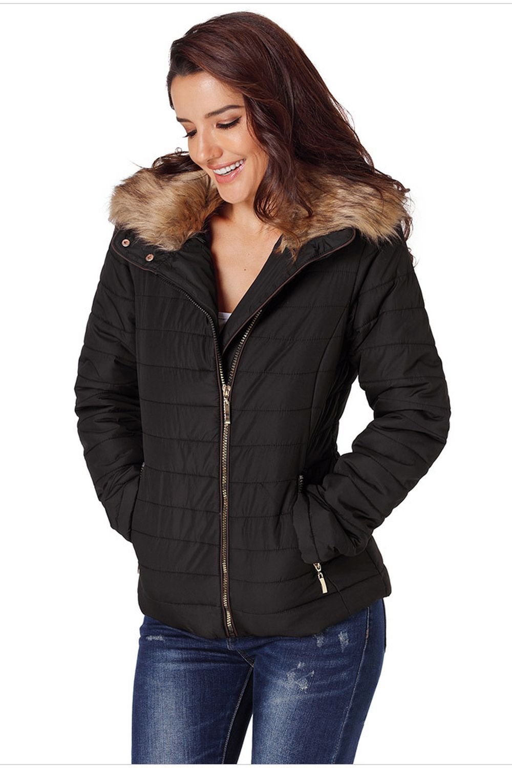 Faux Fur Collar Zipper Two-Pocket Jacket