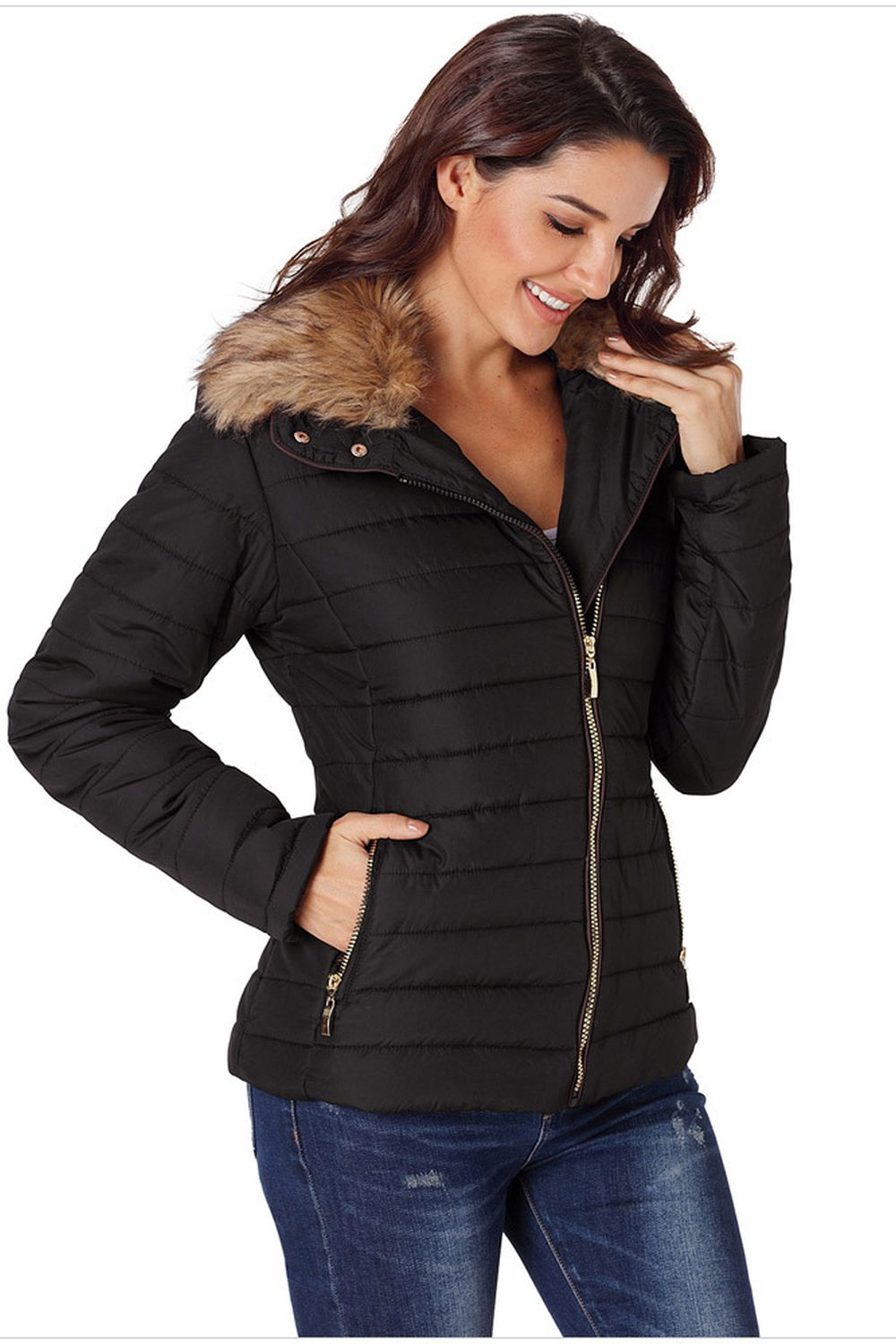 Faux Fur Collar Zipper Two-Pocket Jacket