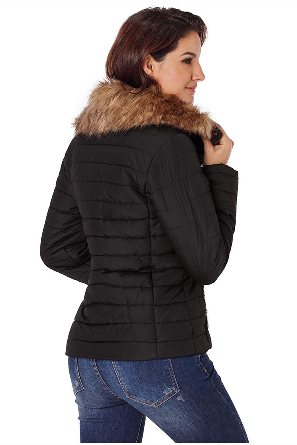 Faux Fur Collar Zipper Two-Pocket Jacket
