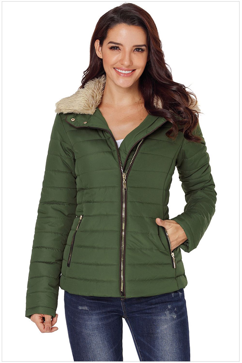 Faux Fur Collar Zipper Two-Pocket Jacket
