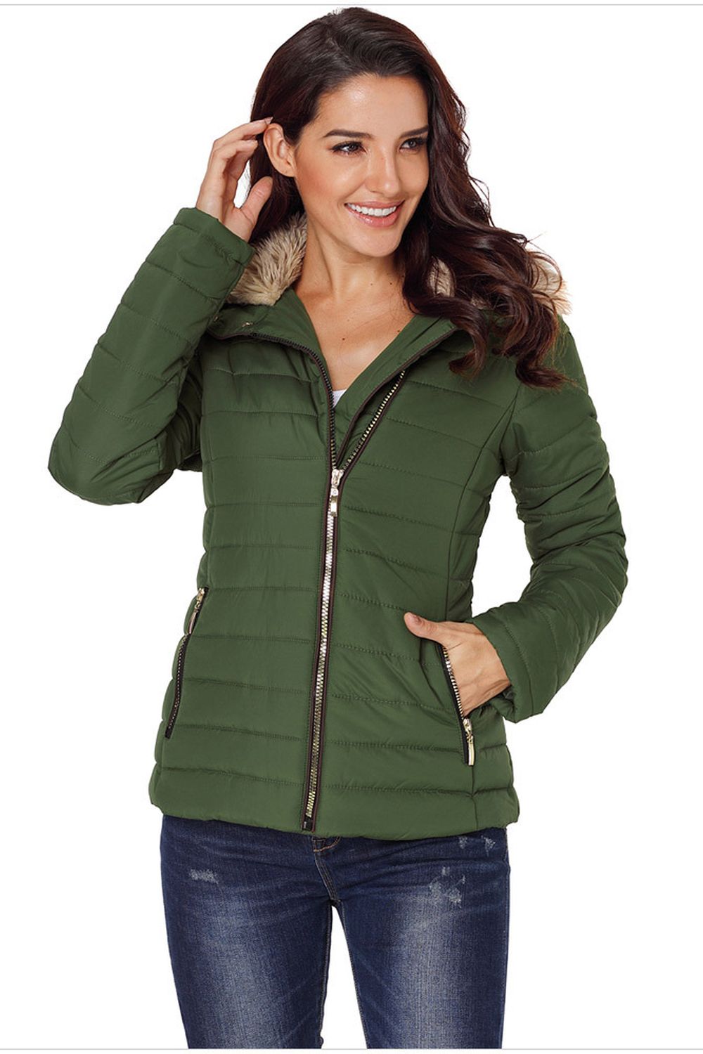 Faux Fur Collar Zipper Two-Pocket Jacket