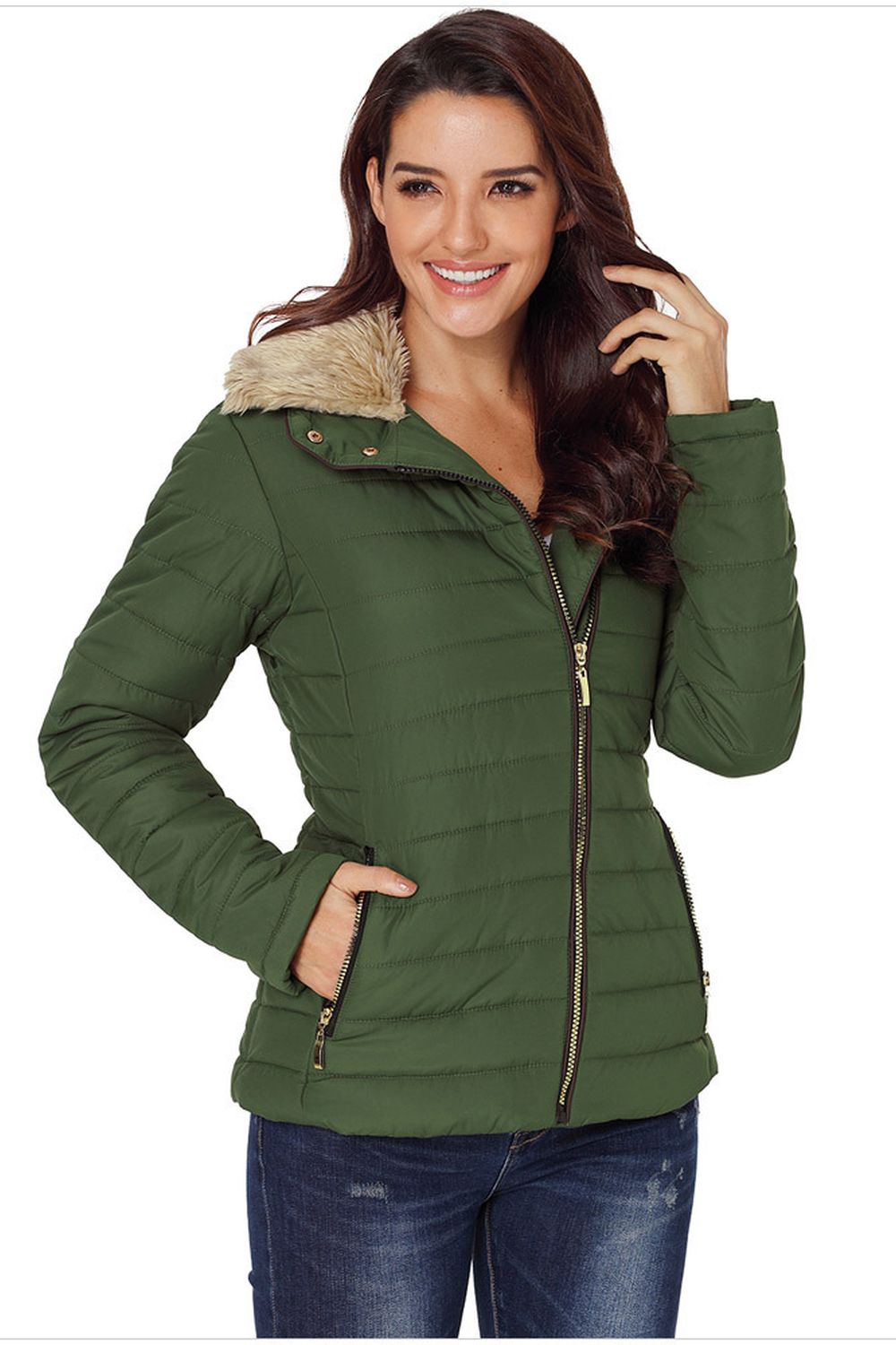 Faux Fur Collar Zipper Two-Pocket Jacket