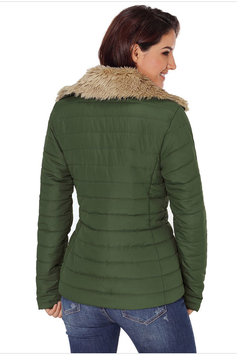 Faux Fur Collar Zipper Two-Pocket Jacket