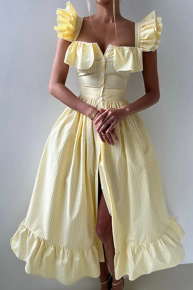 Ruffle Striped Square Collar Floral Dress