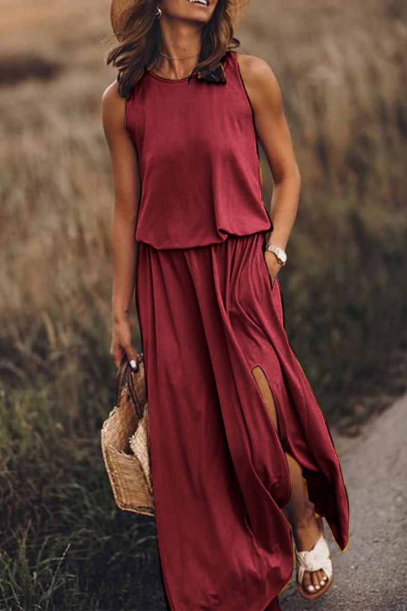 Casual Solid Patchwork Slit O Neck Waist Skirt Dresses(8 Colors) - Fashionpara