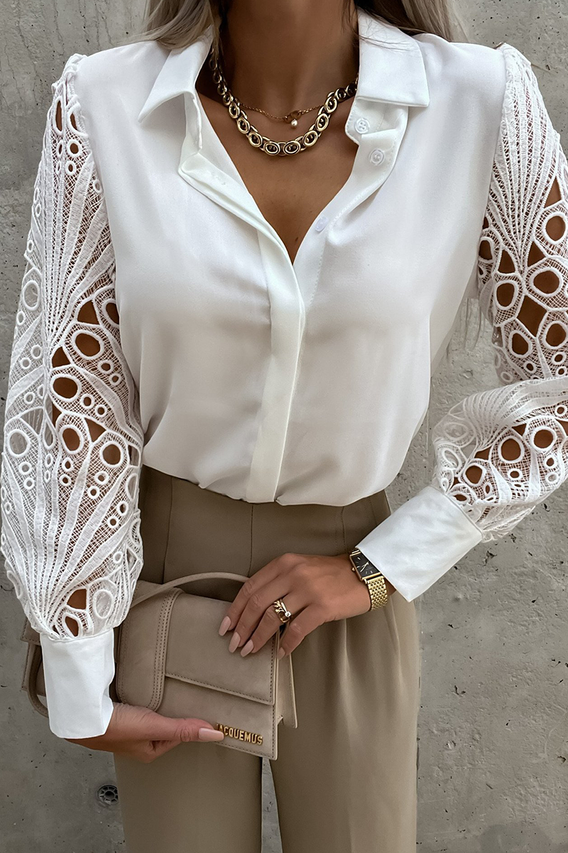 Fashion Solid Hollowed Out Turndown Collar Blouses  Fashionpara