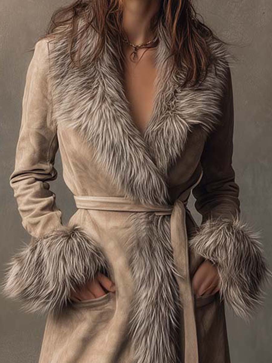 Toffee Cream Eco-friendly Suede Long Coat With Faux Fur Trim And Belt - Fashionpara