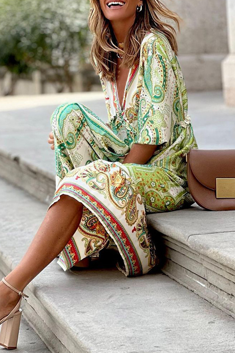 Fashion Print Patchwork V Neck Straight Dresses  Fashionpara