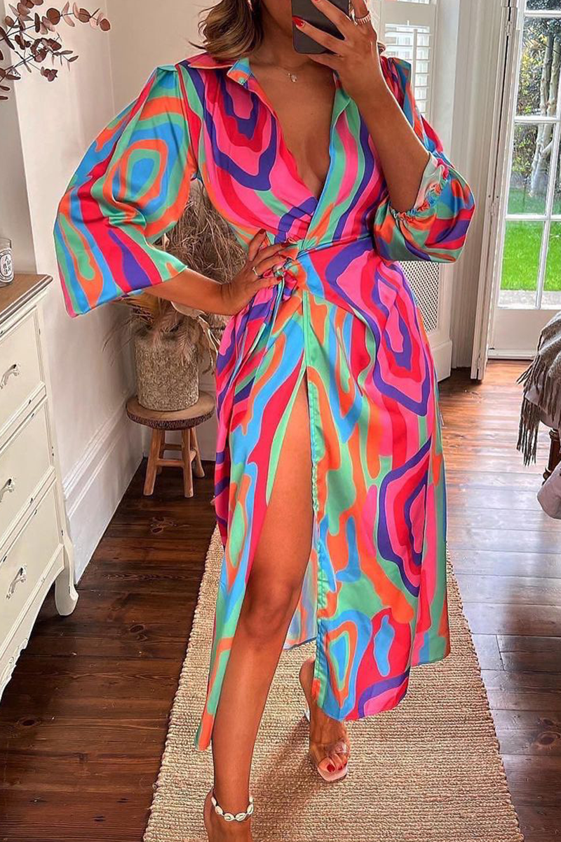 Fashion Print Patchwork V Neck Waist Skirt Dresses  Fashionpara