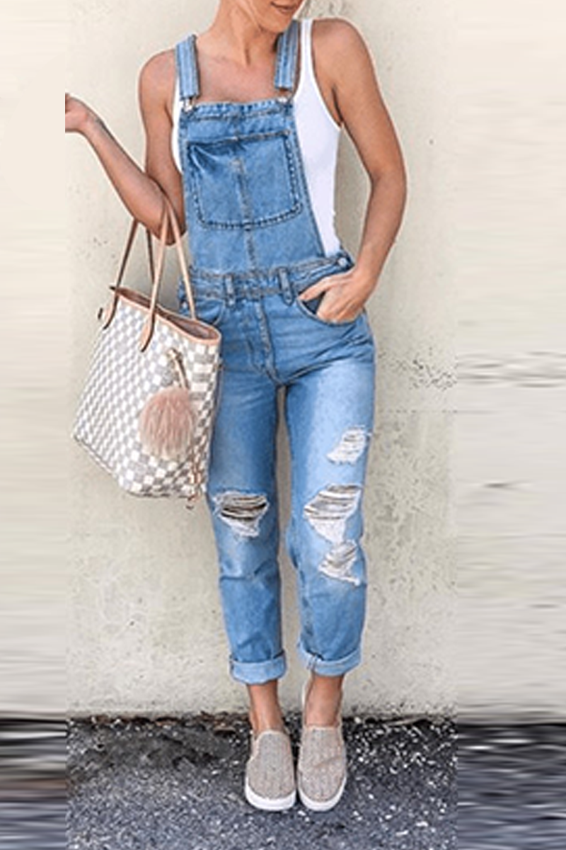 Casual Solid Patchwork Square Collar Sleeveless Harlan Denim Jumpsuits - Fashionpara