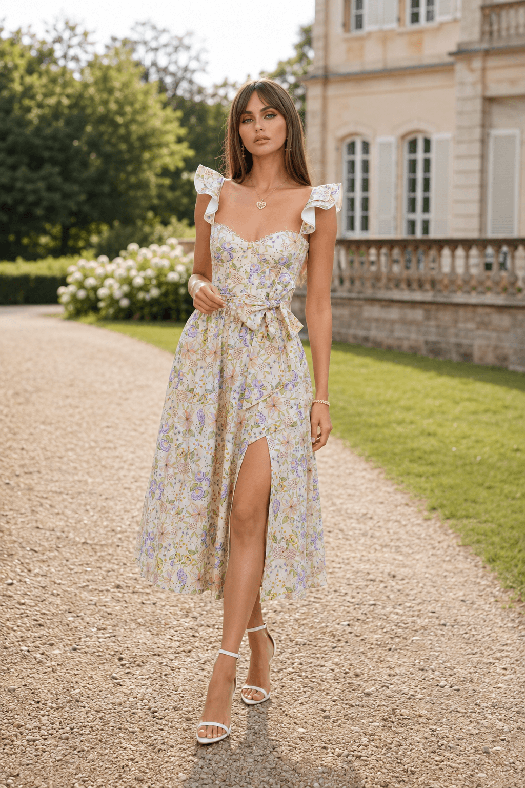 Floral Sweetheart Ruffle Strap Tie Waist High Split Midi Dress