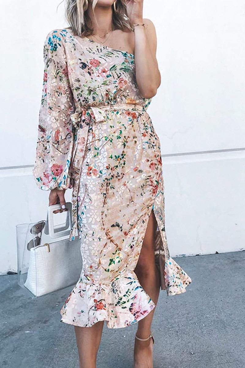 Casual Print Patchwork One Shoulder Irregular Dress Dresses  Fashionpara