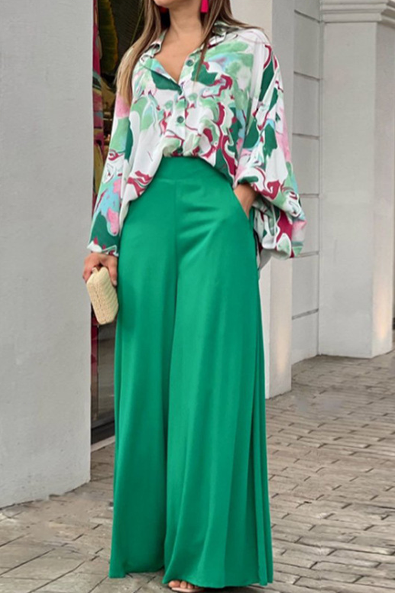 Fashion Print Patchwork Turndown Collar Long Sleeve Two Pieces(4 Colors) - Fashionpara