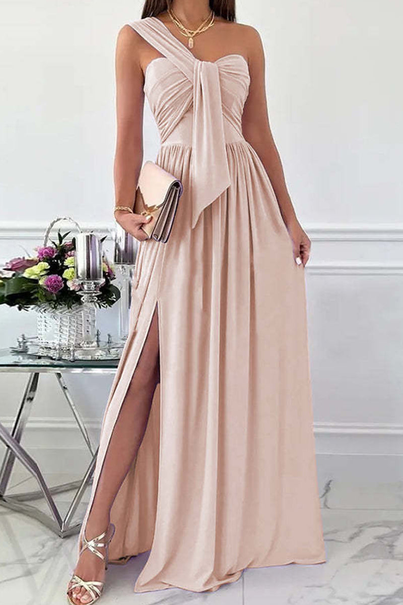 Fashion Sexy Solid Backless Slit One Shoulder Evening Dress Dresses(7 Colors) - Fashionpara