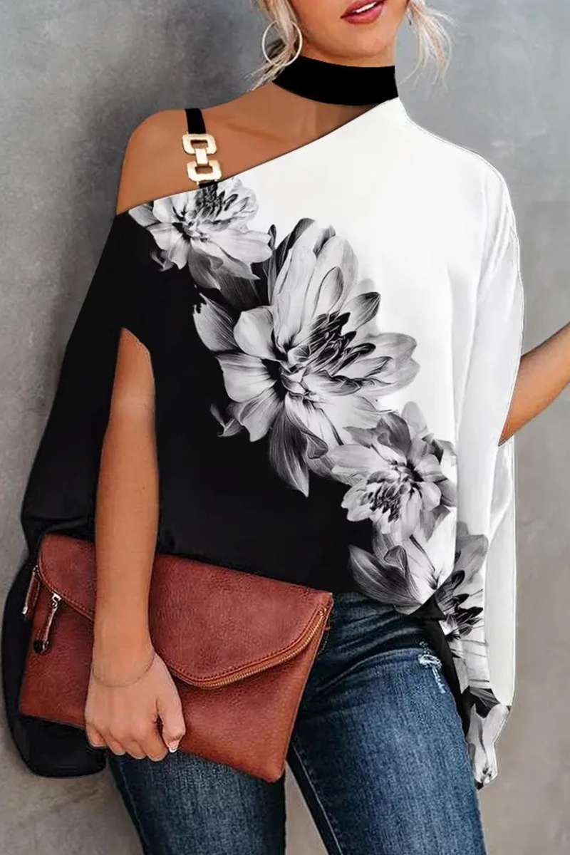 Fashion Print Patchwork One Shoulder Tops  Fashionpara