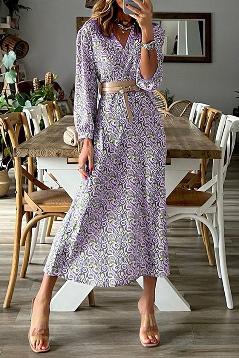 Fashion Print Patchwork V Neck Waist Skirt Dresses - Fashionpara
