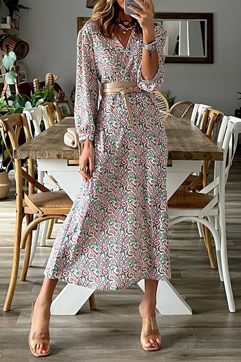 Fashion Print Patchwork V Neck Waist Skirt Dresses - Fashionpara