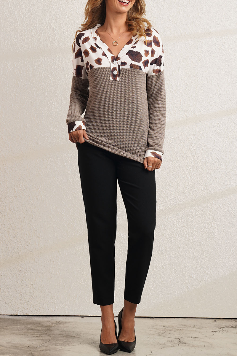 Casual Leopard Patchwork V Neck Tops - Fashionpara