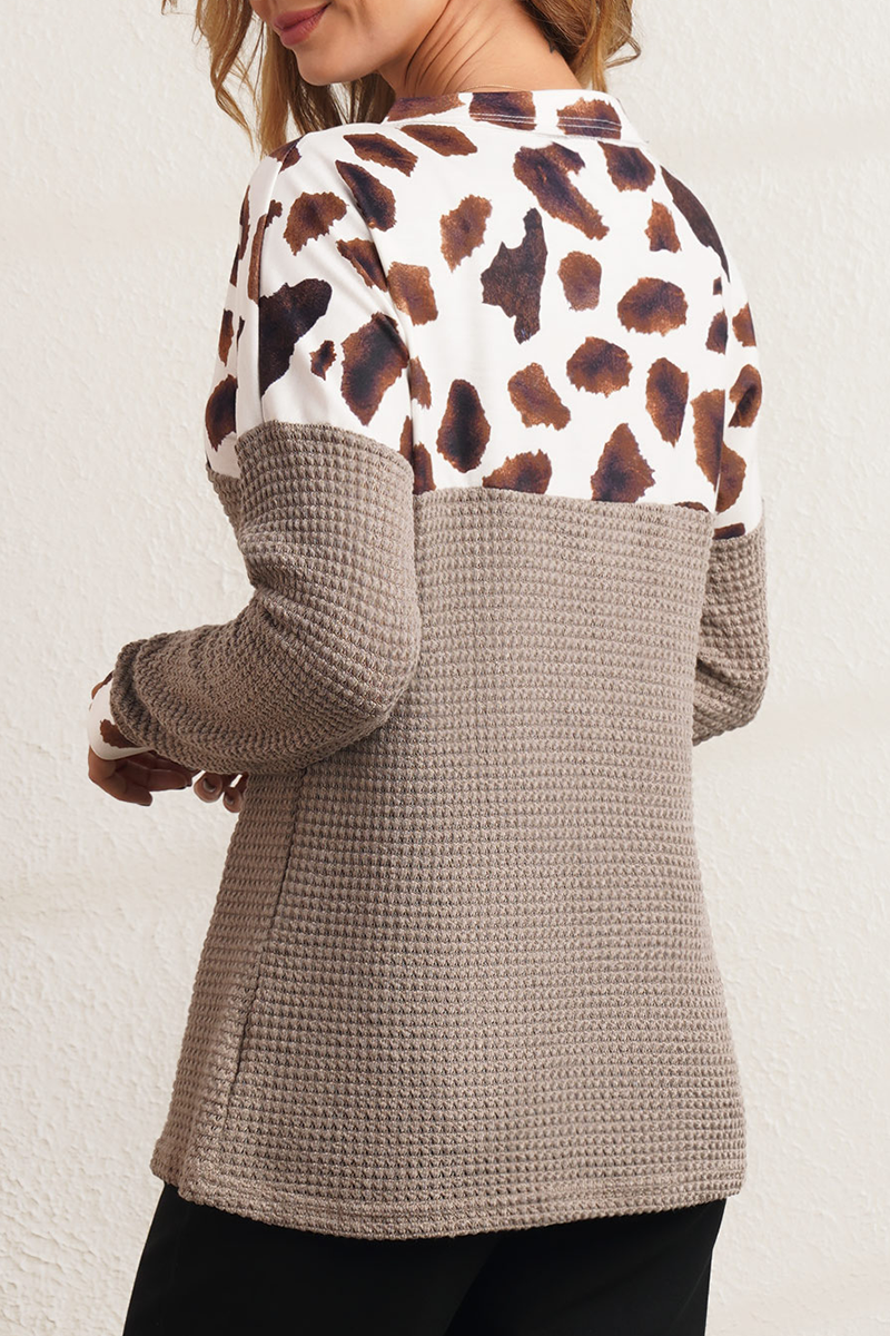Casual Leopard Patchwork V Neck Tops - Fashionpara