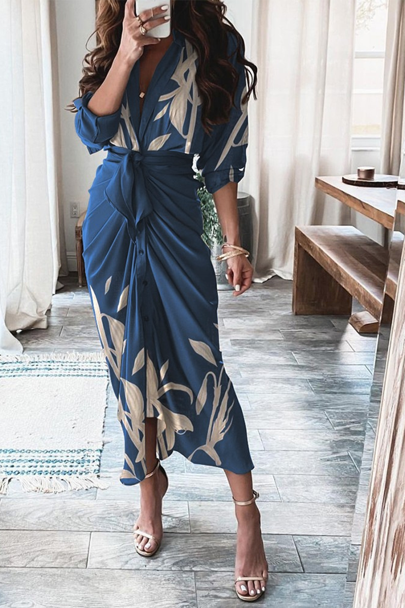 Casual Print Patchwork V Neck Irregular Dress Dresses  Fashionpara