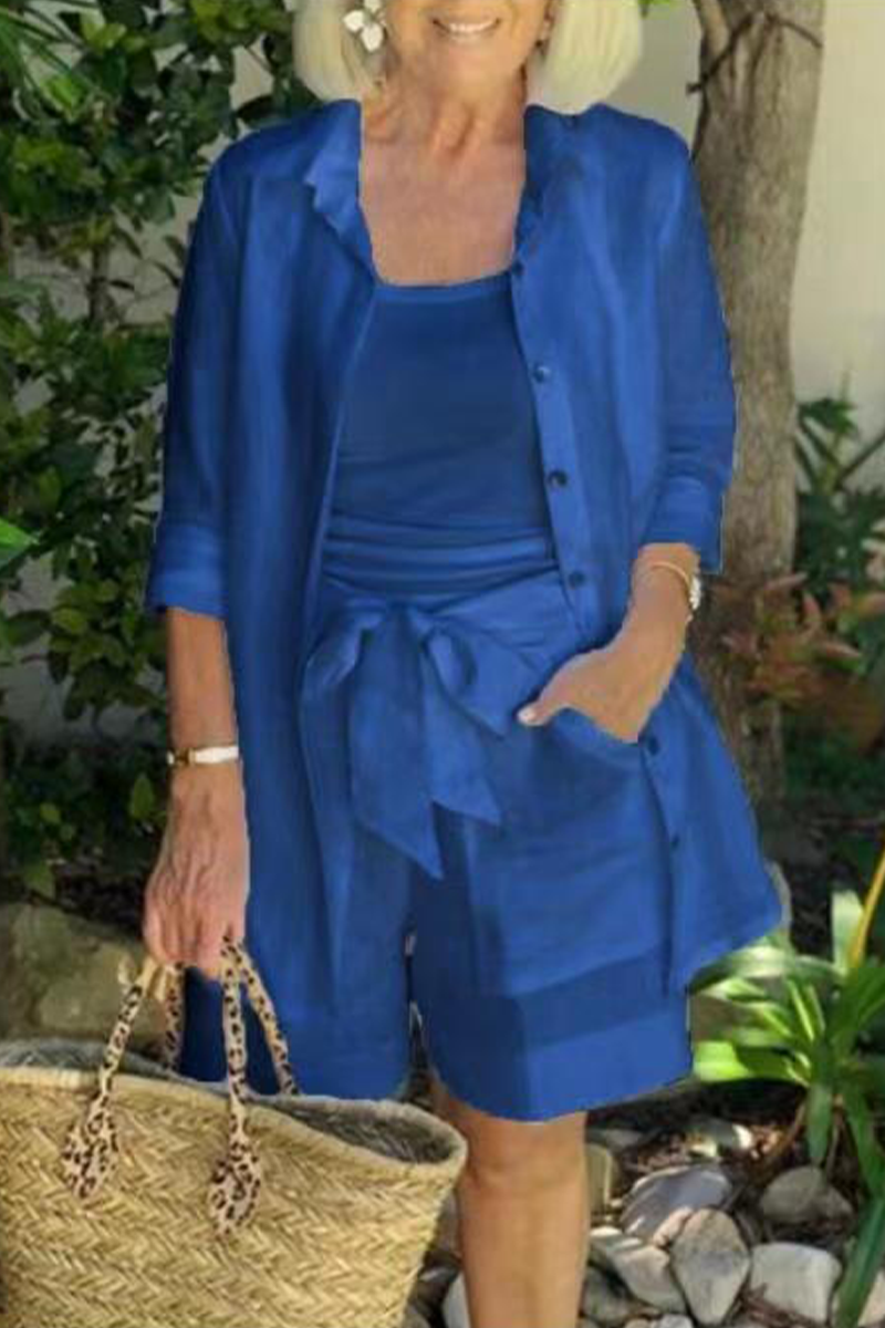 Casual Solid Patchwork Turndown Collar Three Quarter Two Pieces - Fashionpara