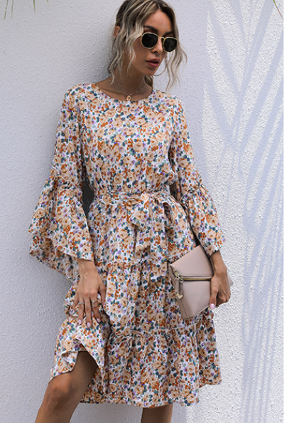 Floral Print Long Sleeve Tiered Midi Dress