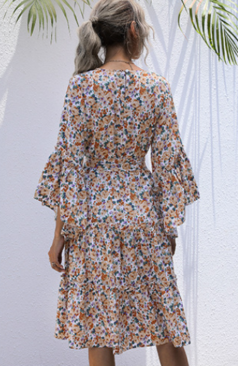 Floral Print Long Sleeve Tiered Midi Dress