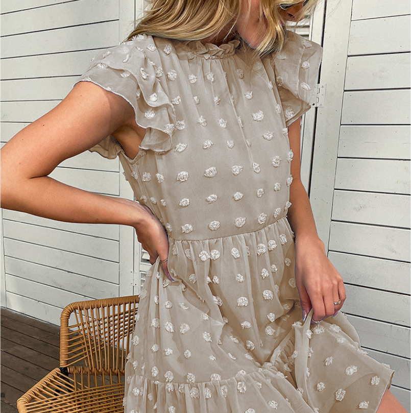 Swiss Dot High Neck Flutter Sleeve Babydoll Mini Dress