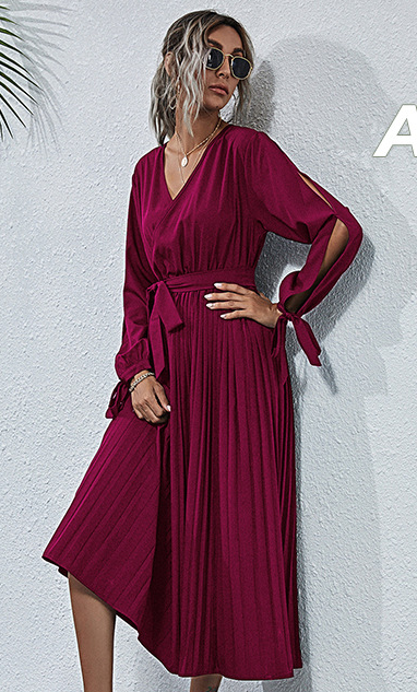 Pleated V-Neck Long Sleeve Wrap Midi Dress