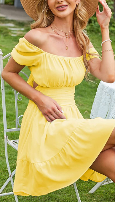 Off Shoulder Puff Sleeve Ruched Waist Fit & Flare Mini Dress 5