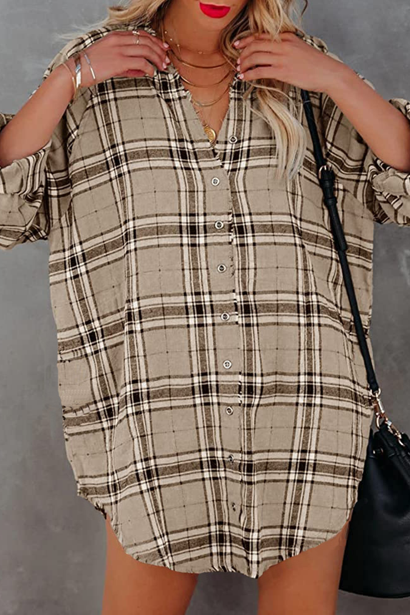 Fashion Plaid Patchwork Turndown Collar Tops - Fashionpara