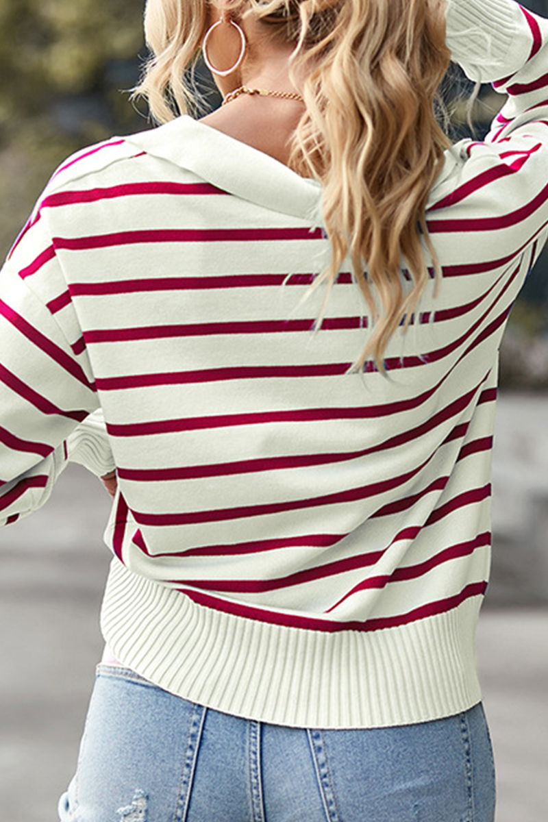 Casual Striped Patchwork Turndown Collar Tops - Fashionpara