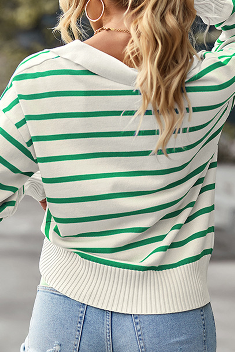 Casual Striped Patchwork Turndown Collar Tops - Fashionpara