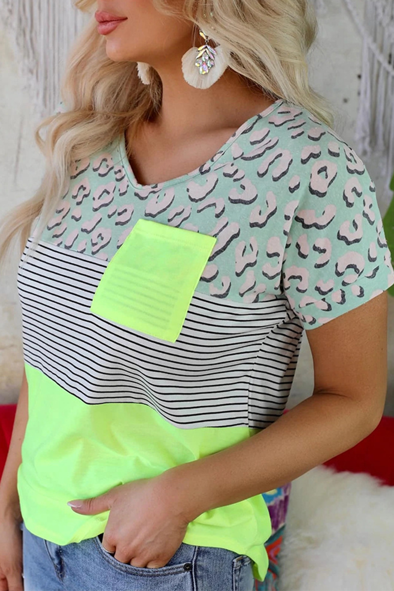 Casual Print Patchwork V Neck T-Shirts - Fashionpara