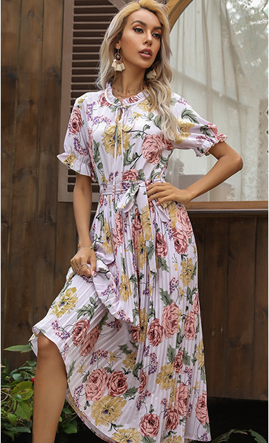 Floral Print Tie Neck Short Sleeve Pleated Midi Dress