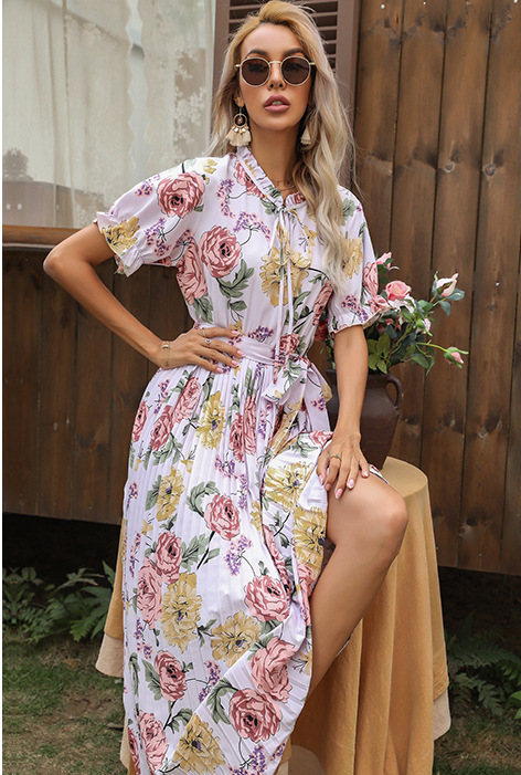Floral Print Tie Neck Short Sleeve Pleated Midi Dress