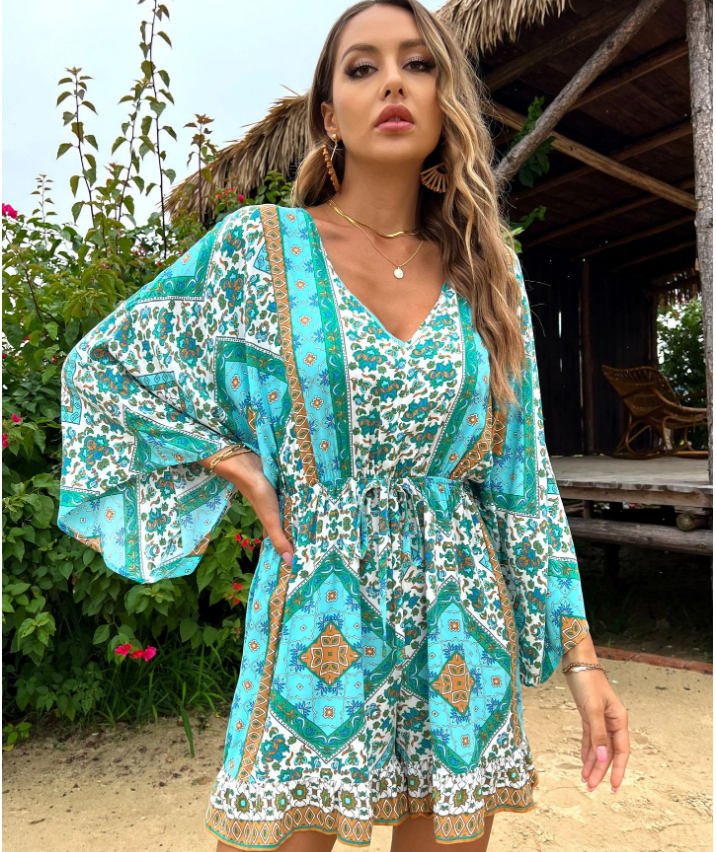 Boho Print V-Neck Long Sleeve Tie Waist Mini Dress